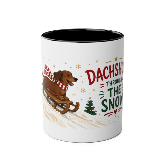 Dachshund Through the Snow Mug – Sausage Dog Christmas Mug, 11oz Two-Tone