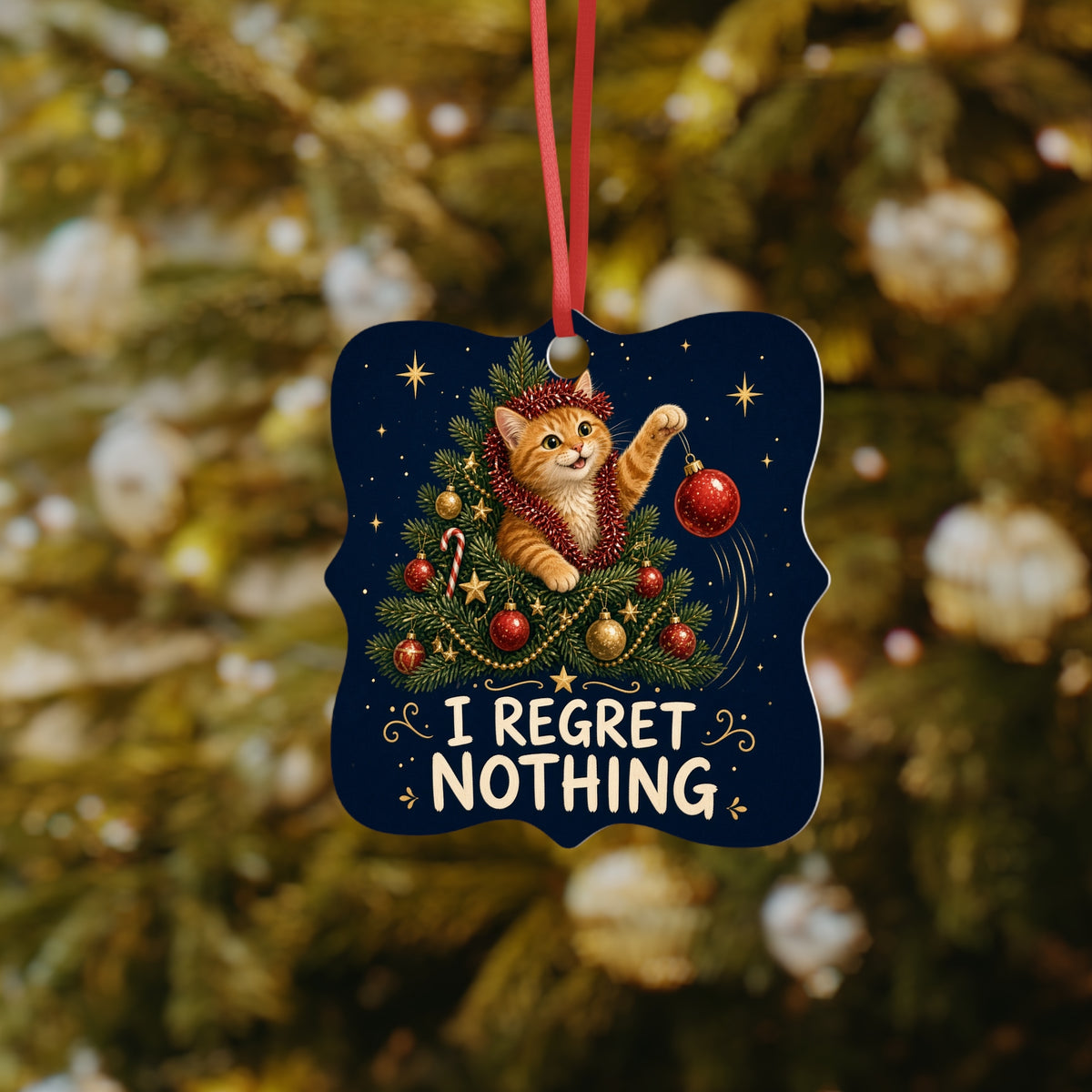 Naughty Cat Christmas Ornament – I Regret Nothing, Ginger Cat Tree Decoration