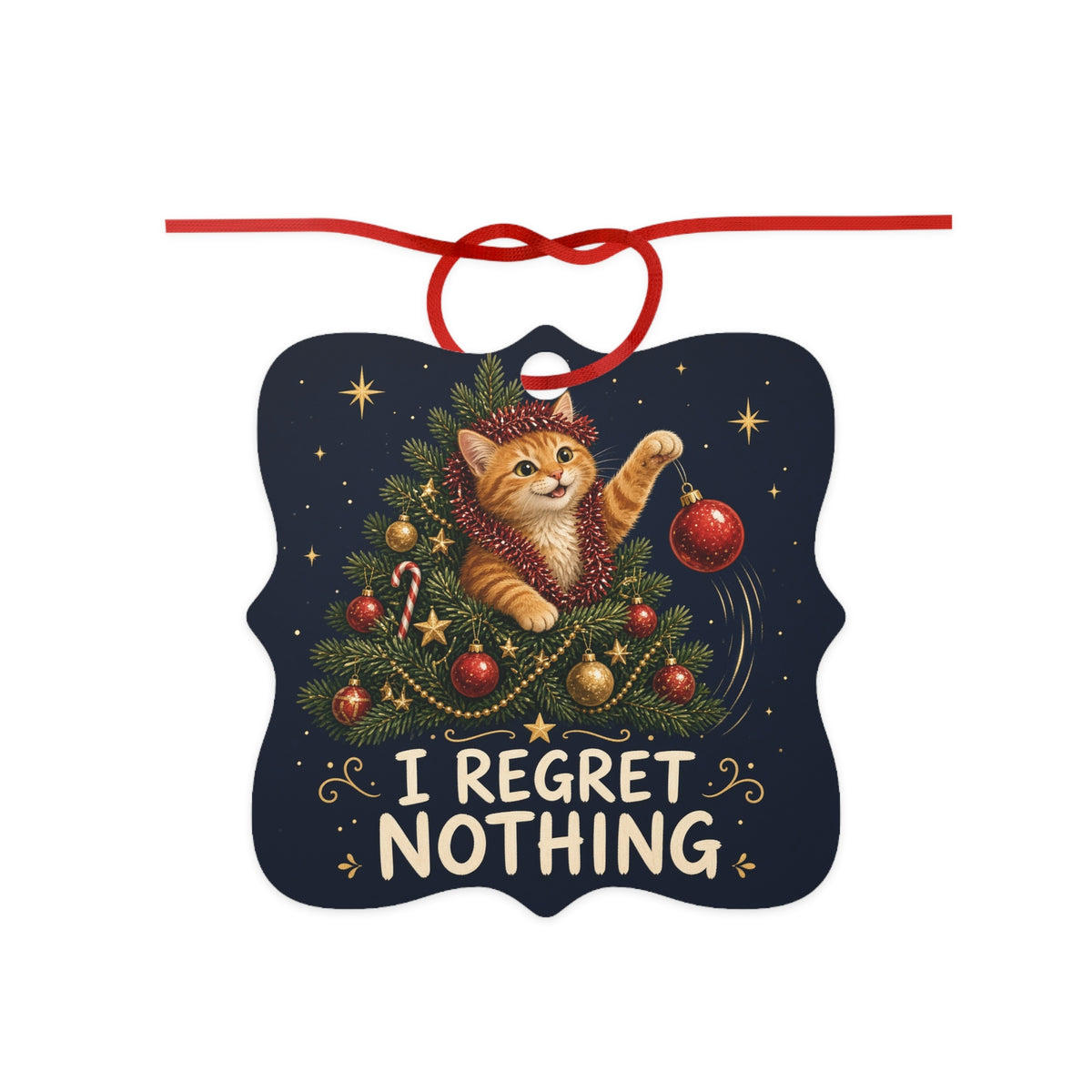 Naughty Cat Christmas Ornament – I Regret Nothing, Ginger Cat Tree Decoration