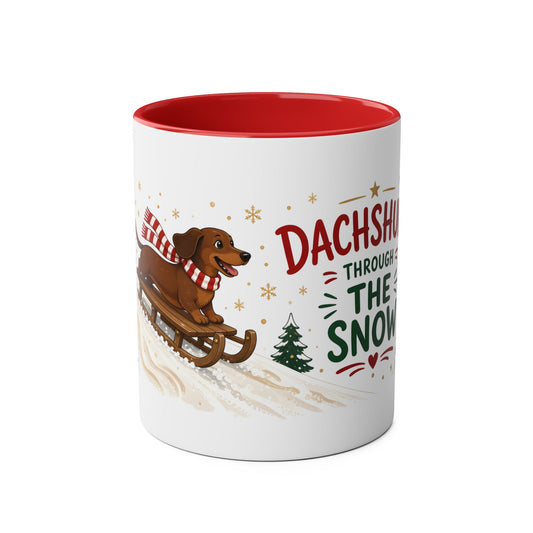 Dachshund Through the Snow Mug – Sausage Dog Christmas Mug, 11oz Two-Tone