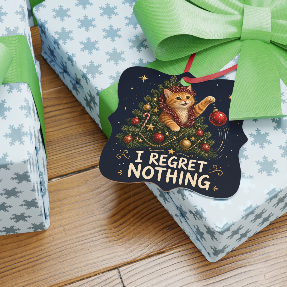 Naughty Cat Christmas Ornament – I Regret Nothing, Ginger Cat Tree Decoration