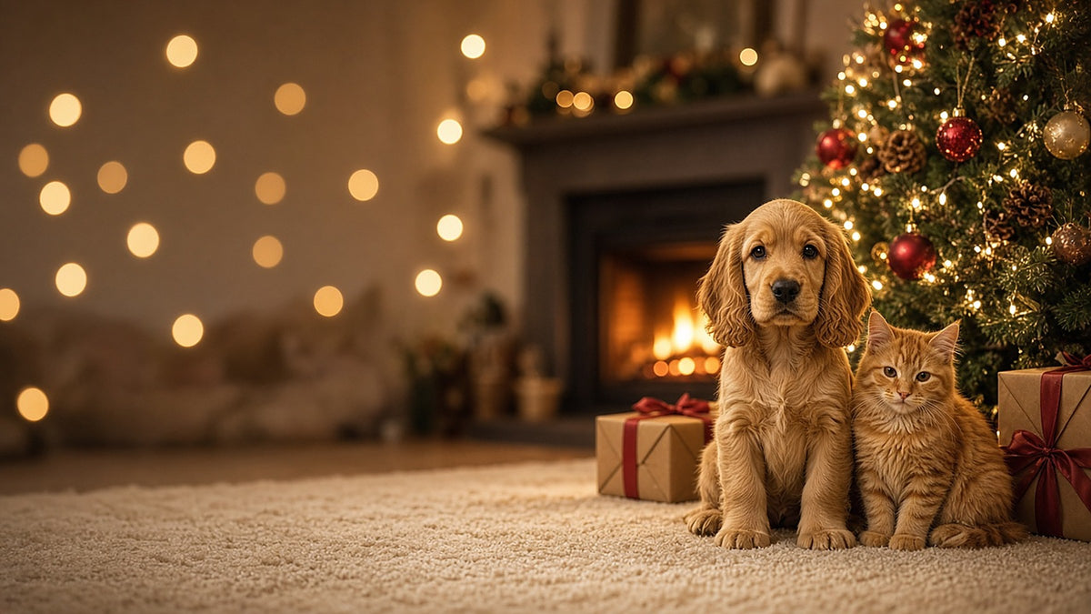 Puppy and ginger kitten by a Christmas tree with presents and a cosy fire
